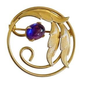 VTG Purple Amethyst Cabochon brooch‎ pin 14k Gold Plated Round Leaf Art Nouveau